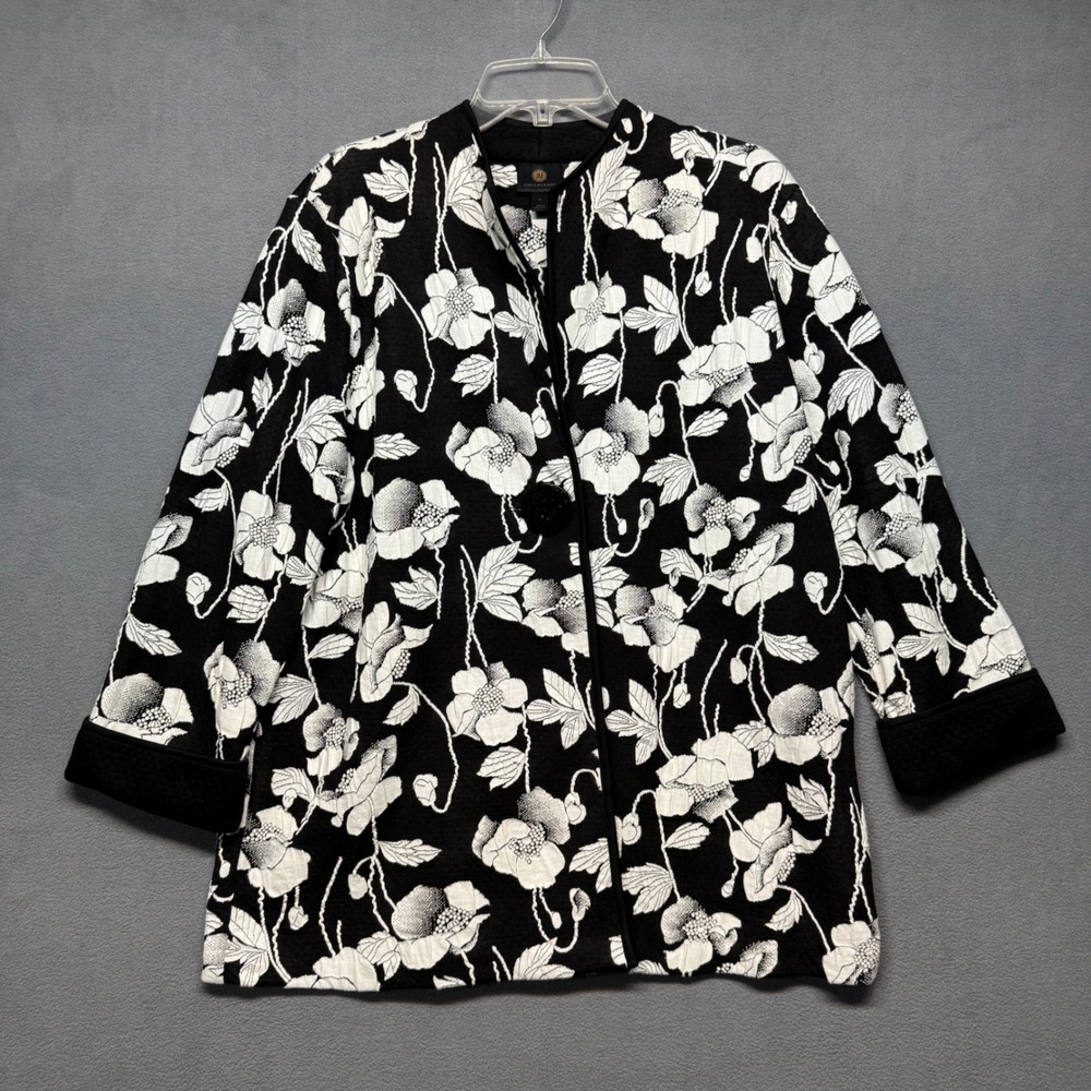 JM Collection Jacket Floral Knit Open Front Cardigan L Black White Casual Office